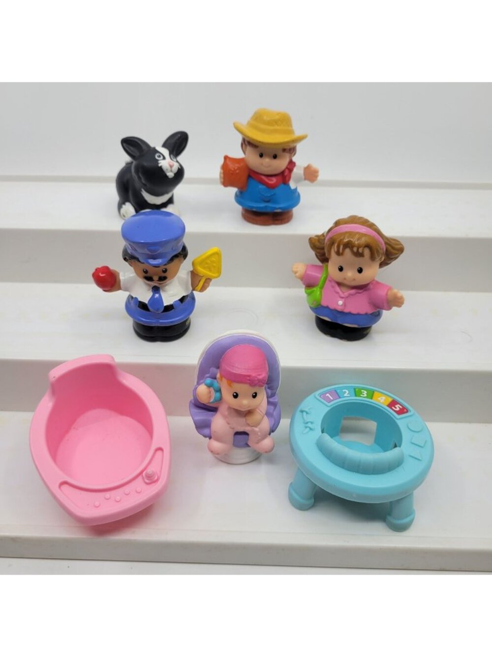 Fisher Price Little People - Baby, Mom Linda, Crossing Guard, Cat, Farmer - 7 Pc